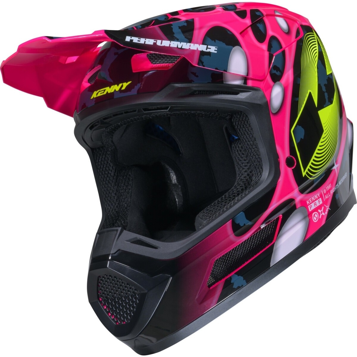 CASQUE CROSS KENNY PERFORMANCE GRAPHIC + POP SYSTEM ROSE JAUNE NOIR BRILLANT / 2XL
