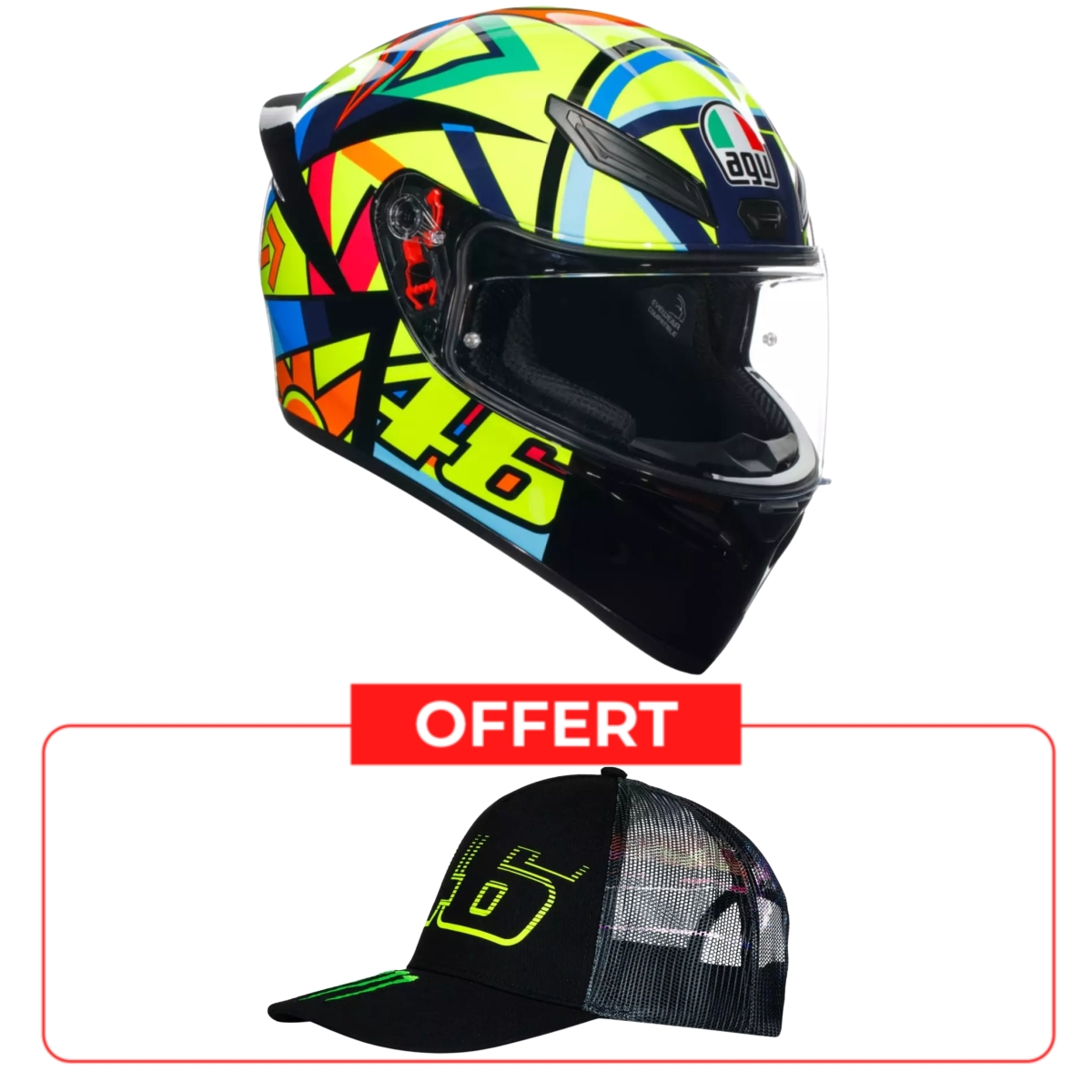 Casque AGV K1 S Soleluna 2017 + Casquette VR46 Valentino Rossi Noir Jaune Fluo