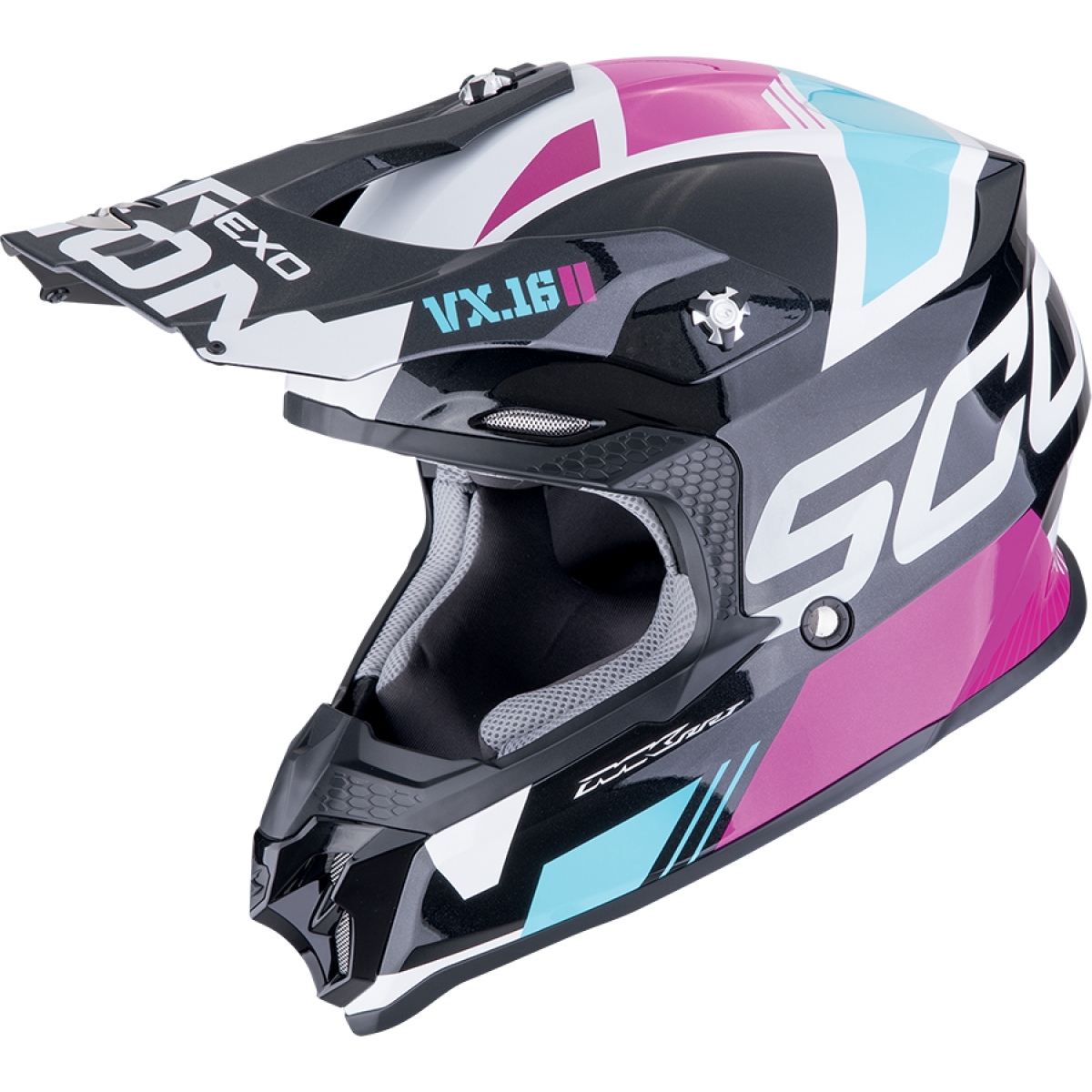 CASQUE CROSS SCORPION VX 16 EVO AIR ANALOG NOIR MÉTAL BLEU ROSE / L