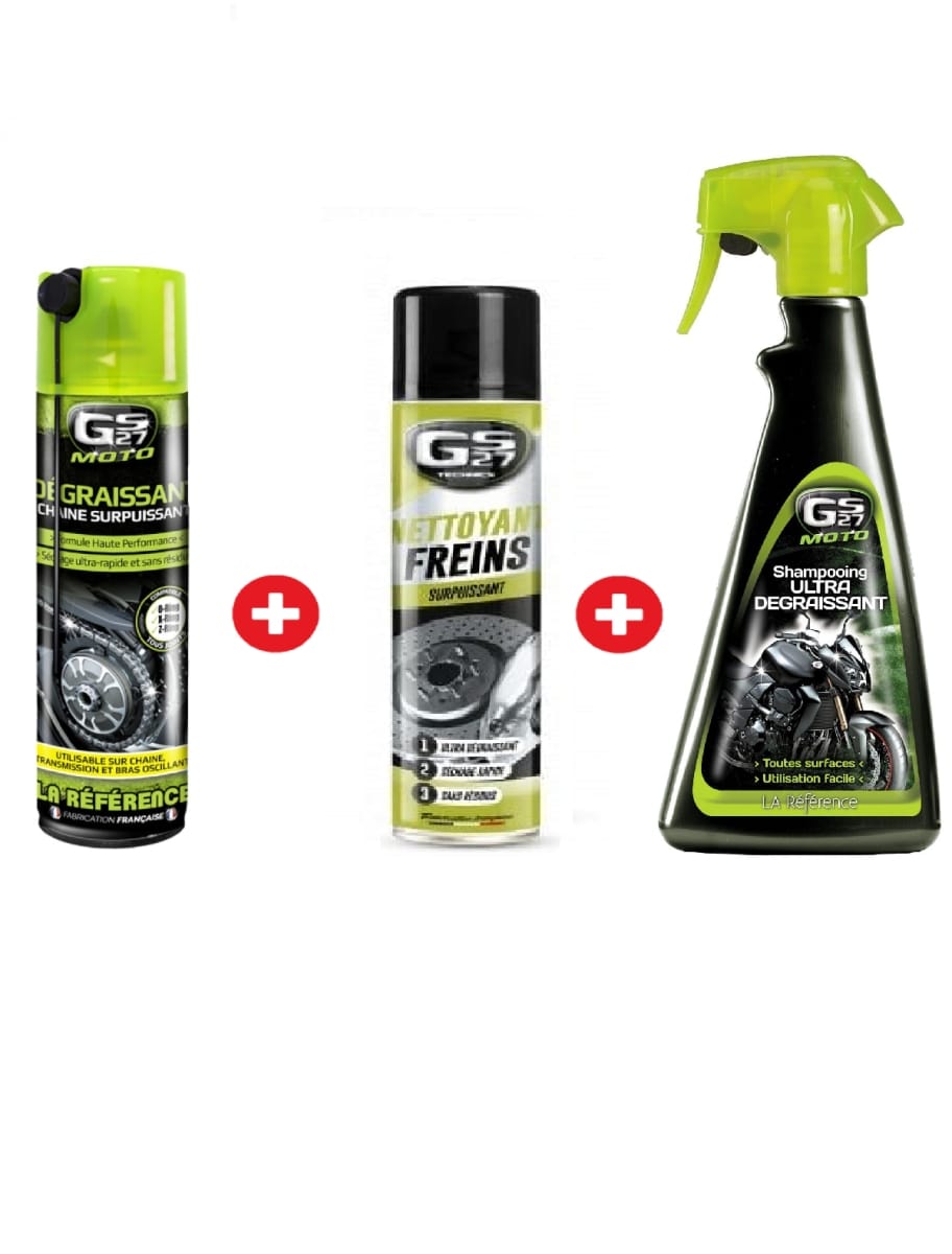 Pack Entretien GS27 Dégraissant Frein + Dégraissant Chaîne + Spray Shampooing