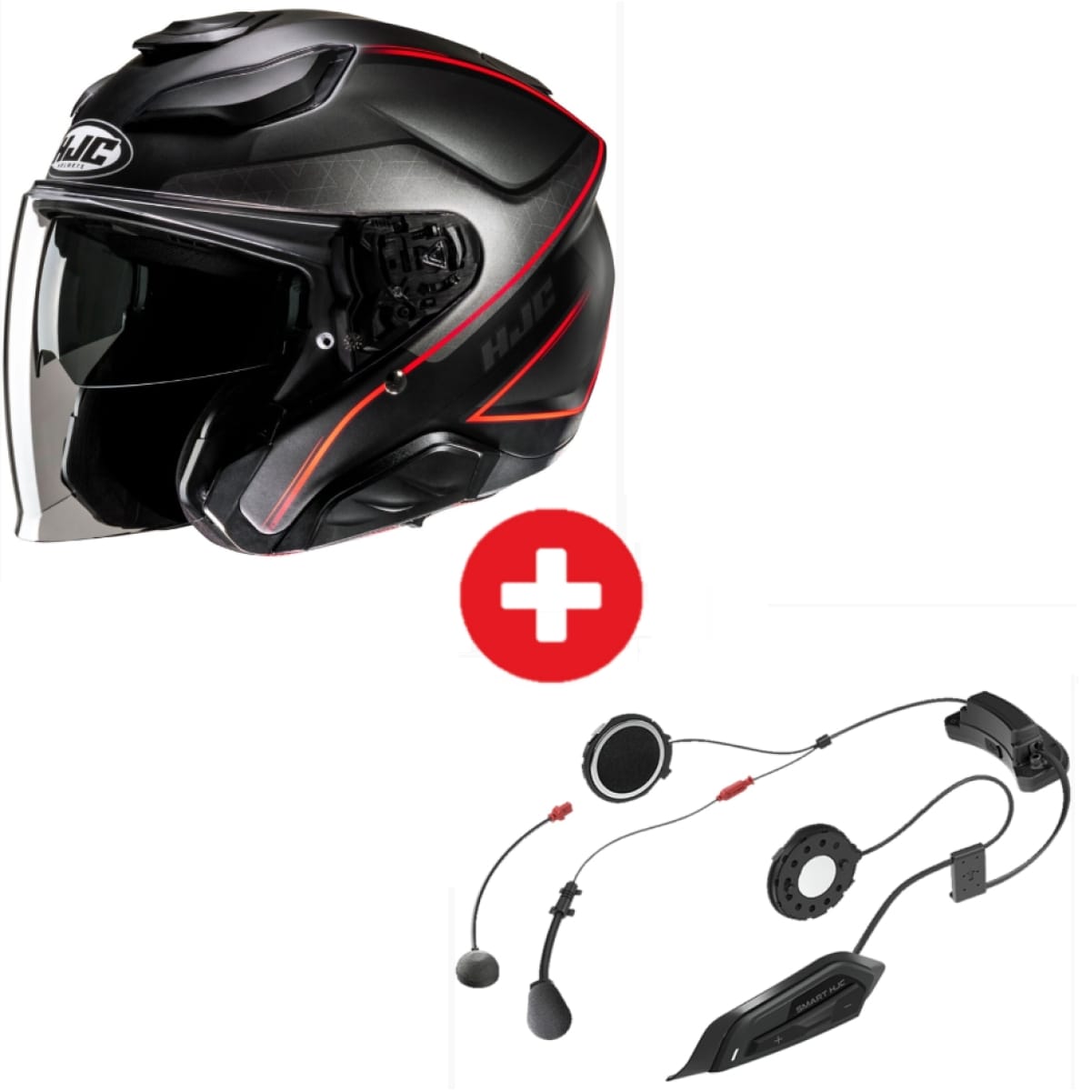 Pack Casque HJC F31 Ludi Noir Rouge + Intercom Smart 2 HJC 21B