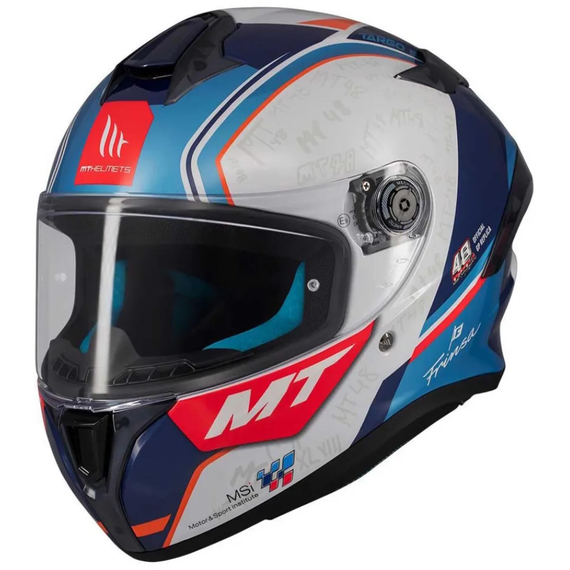 Casque MT Helmets Targo S Ivan Ortola 2024 A7 Bleu Blanc Rouge Brillant - L