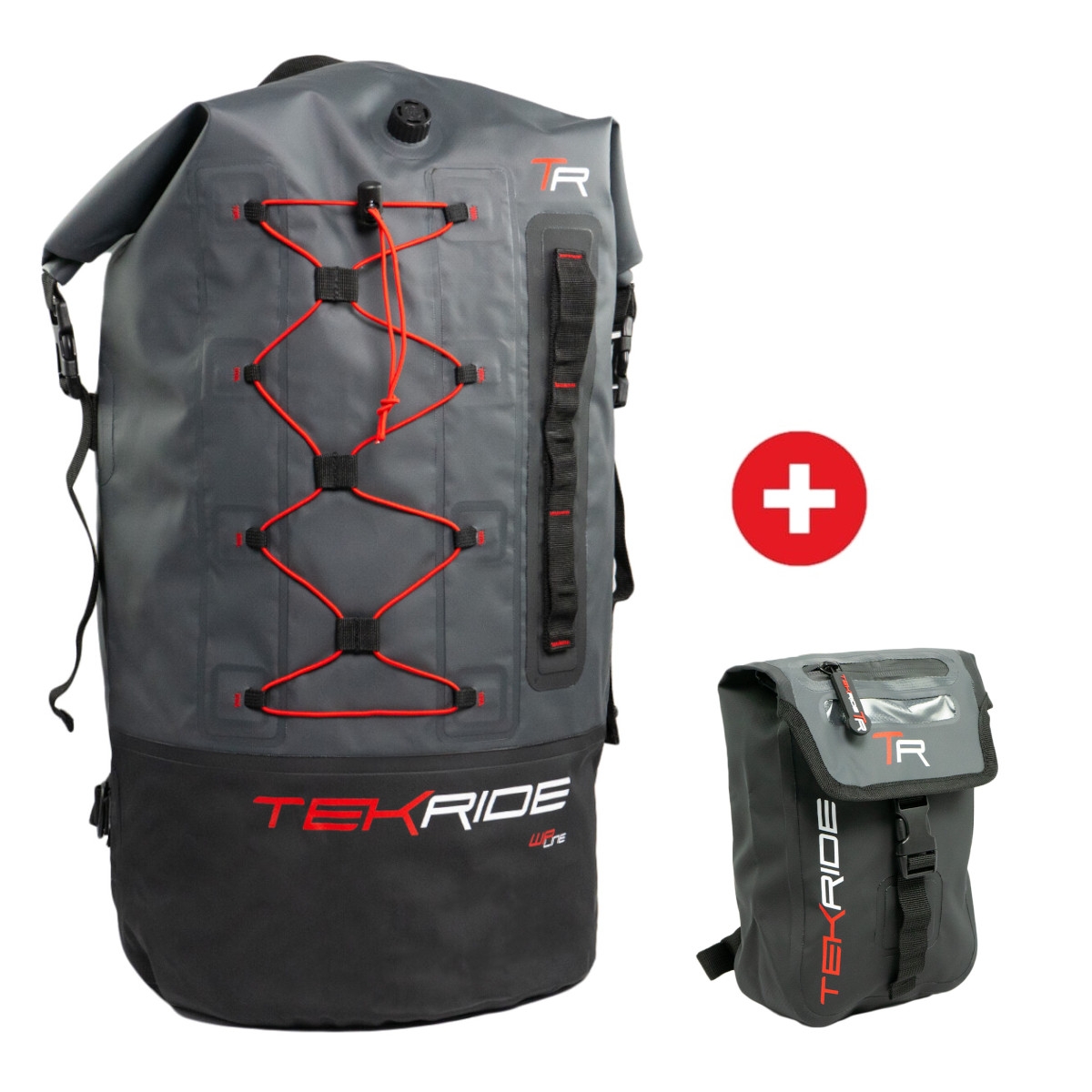 Pack Tekride WP Line Sac à Dos Rudy 50L Noir Gris Rouge + Sacoche de Jambe Portofino 2L