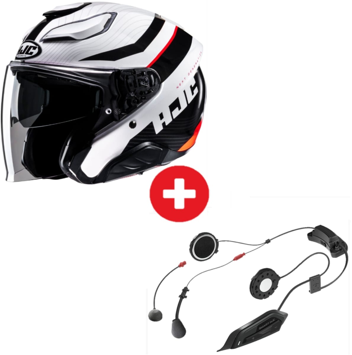 Pack Casque HJC F31 Naby Noir Blanc Rouge + Intercom Smart 2 HJC 21B