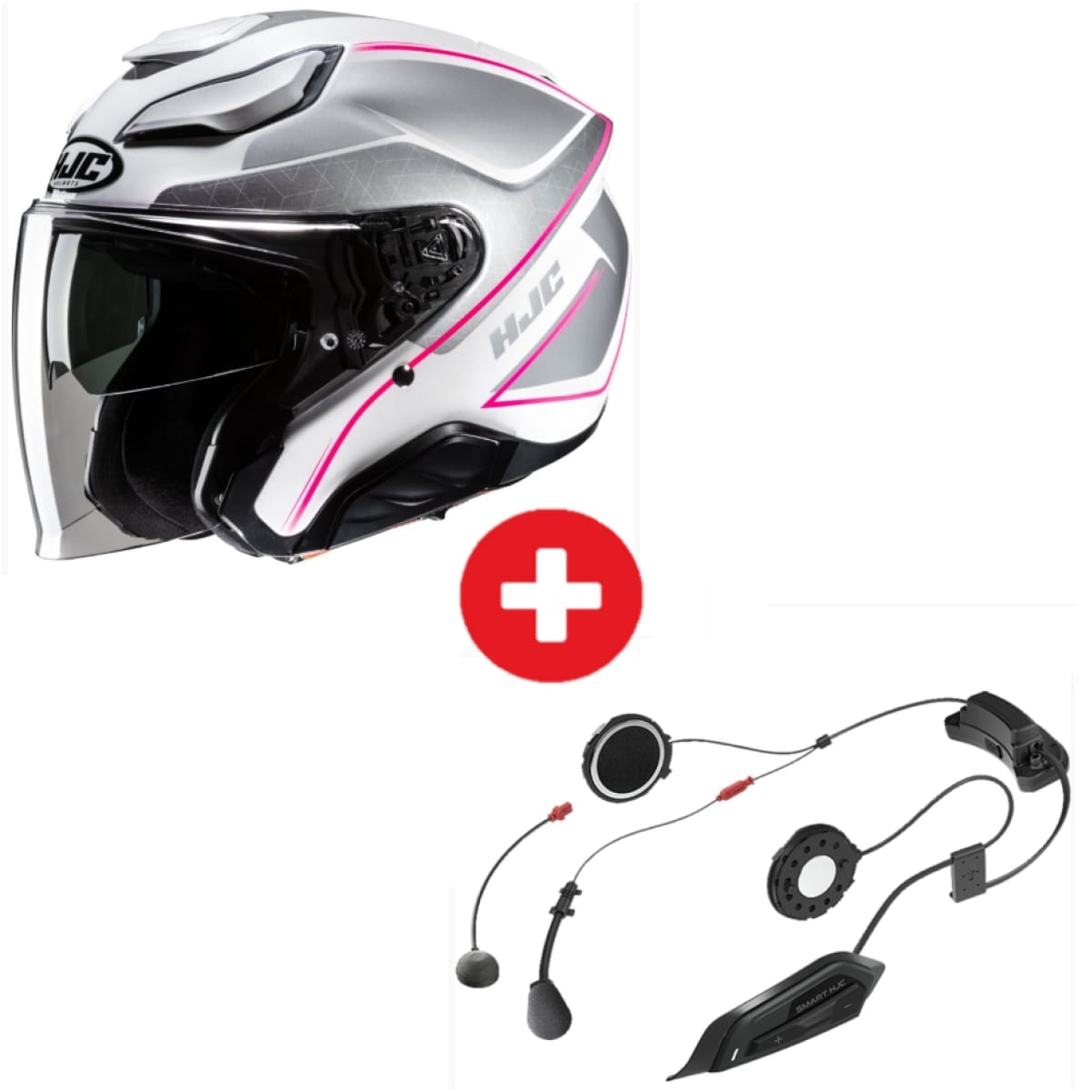 Pack Casque HJC F31 Argent Blanc Rose + Intercom Smart 2 HJC 21B